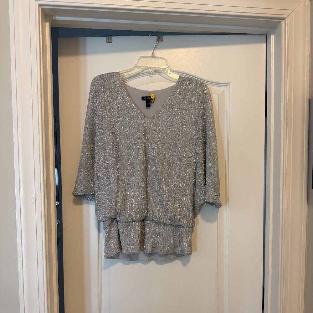 S Levine V-neck Metallic Silver top - great for holiday celebration